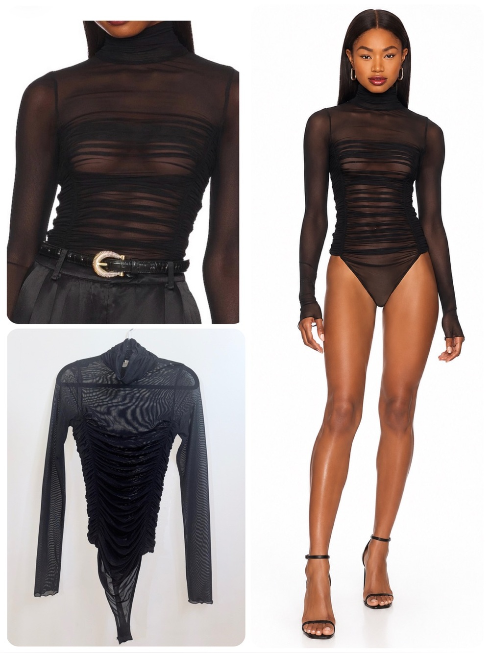 FREE PEOPLE Under It All Bodysuit Black Mesh Ruched Top Size Large